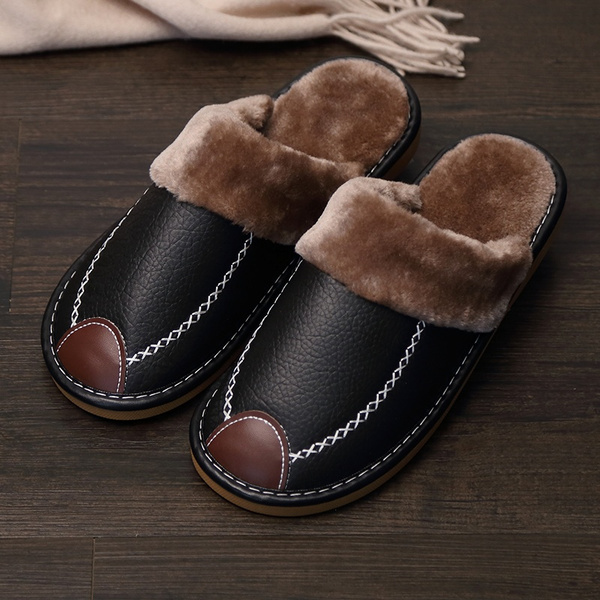 New Winter Men PU Leather Slippers Warm 