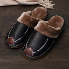 New Winter Men PU Leather Slippers Warm Candy Color Indoor Slipper Thicken Waterproof Home House Shoes Men