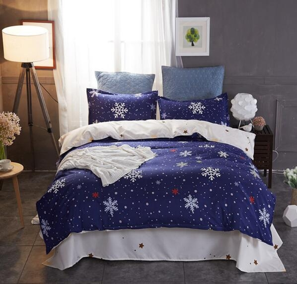 Navy White Snowflake Bedding Pillowcase, Queen Bed Quilt Cover Set Big White