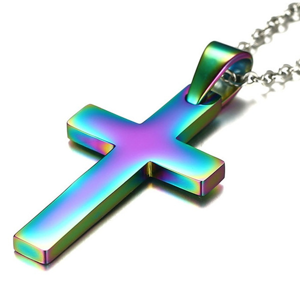 Daesar Stainless Steel Rainbow Cubic Zirconia Cross Necklace LGBT Gay Pride Pendant Lesbian Necklace