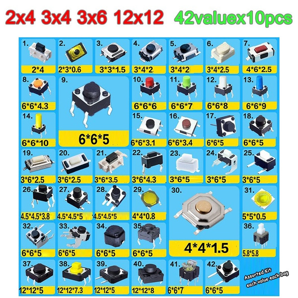 25 value Tact Switch Kit 2*4 3*6 4*4 6*6mm Tactile Push Button Switches 250pcs 