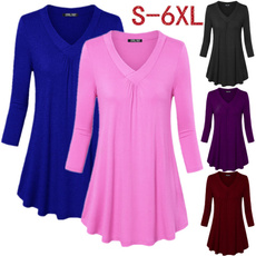Women's Fashion Solid Color V-neck Long Sleeve Shirt Loose Pleated Hem Cotton Tops Blouse Plus Size S-6XL