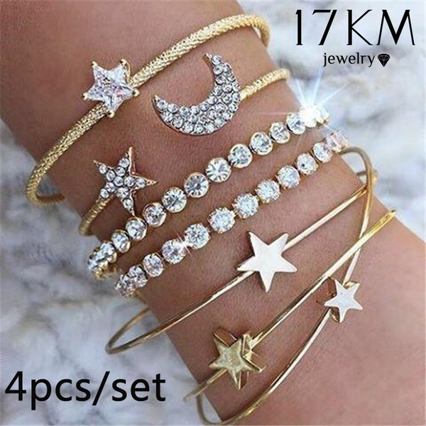 4pcs/set Popular Charm Star Moon Love Heart Opening Bracelet Set