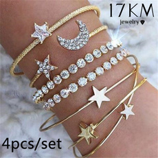 4pcs/set Popular Charm Star Moon Love Heart Opening Bracelet Set Gold/silver Simple Trendy Beautiful Bangle Cuff Bracelet Party Jewelry Accessories Gift