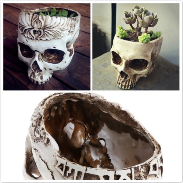 WJYY Resin Skull Flower Pot Plant Bowl Container Garden Planter,Multifunctional Storage Skull Model Home Bar Table Decor Halloween Ornament