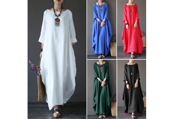 UK Women Long Sleeve A-Line Casual Loose Solid Kaftan Abaya Maxi Dress Plus Size