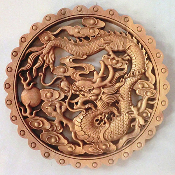 ART CHINESE HAND CARVED DRAGON STATUE CAMPHOR WOOD PLATE WALL SCULPTURE NR 