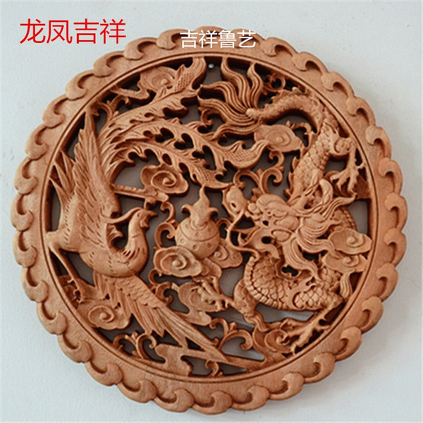 CHINESE HAND CARVED KYLIN STATUE CAMPHOR WOOD ROUND PLATE WALL SCULPTURE 