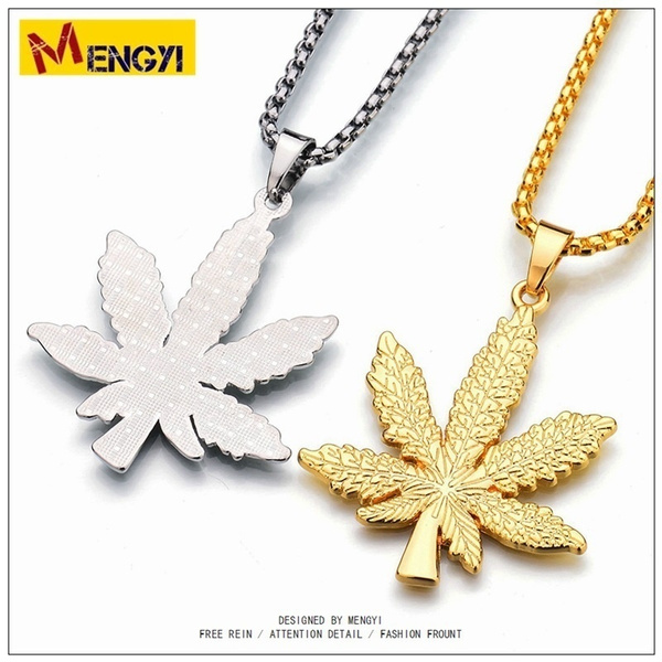 18K Gold Iced Out CZ Weed Marijuana Stainless Steel Rope Chain Pendant Necklace 