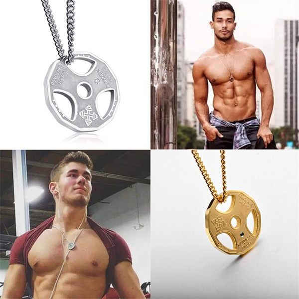 Stainless Steel Fitness Gym Weight Plate Motto Pendant Necklace  Weightlifting Dumbbell Charm Rhinestone Necklace Men Women Trainer Gift