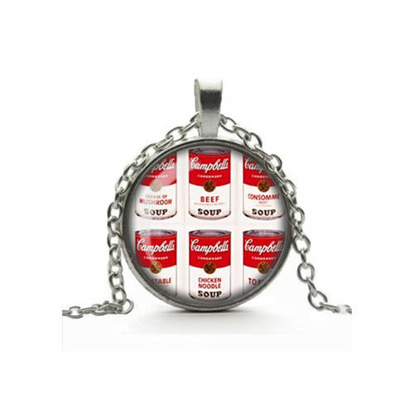 Andy Warhol Necklace, Pop Art Pendant, Campbell's Soup Cans, Glass