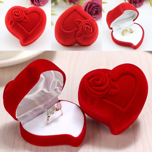 Red Rose Heart Shaped Ring Earring Display Jewelry Box Gift Velvet,Box 