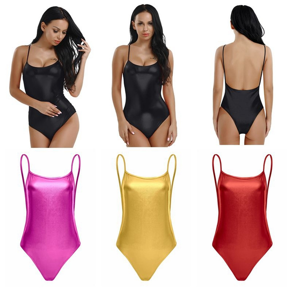 Women One Piece Monokini Shiny Cut Out Leotard Bodysuit Lingerie