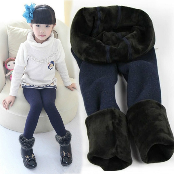 Kids Girls PU Leather Leggings Pants Winter Thermal Fleece Lined Thick  Trousers | eBay