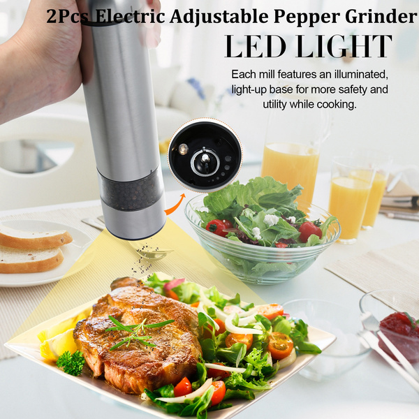 2Pcs Salt and Pepper Shakers SURPEER Electric Adjustable Pepper Grinder  with Strong Battery Powered - Ceramic Grinder Core - Automatic Led Light -  Easy to Use - Meat Thermometer Included - 2 Pieces Set