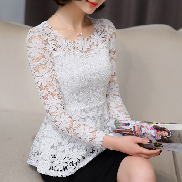 Black White Lace Blouse Women Slim 