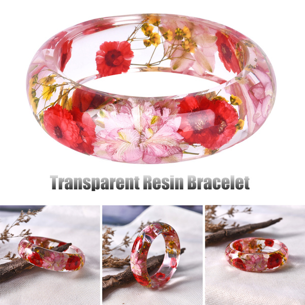Red & Pink Dried Flower Inside Of Clear Resin Bracelet Bangle Best