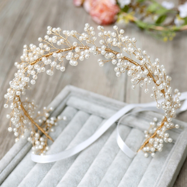 Women 35cm pearl rhinestone headbands wedding hair vine bridal accessories 