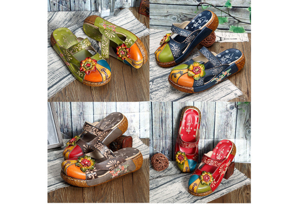 socofy vintage leather flower shoes