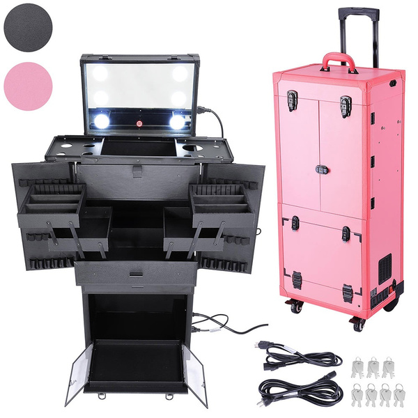AW Pro Multifunction Rolling Makeup Case on Wheels 6 LEDs Light Artist