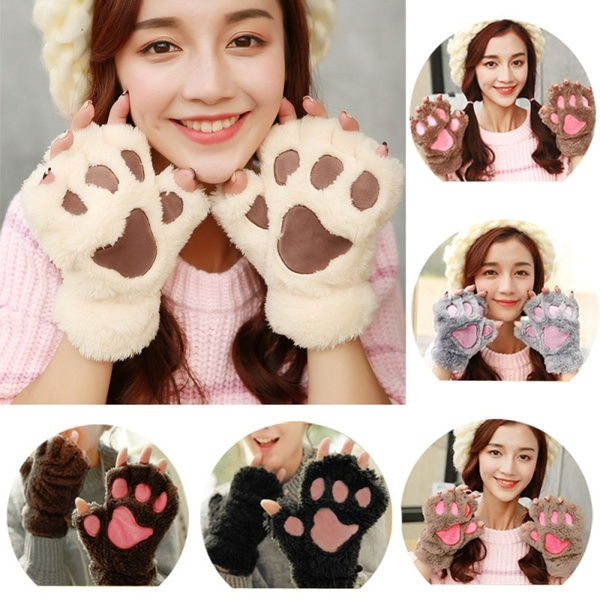 MAXGOODS Women Bear Plush Cat Paw Claw Glove Soft Winter Gloves 