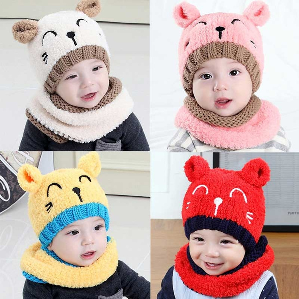 Baby Cute Bear Warm Velvet Tab Crochet Knit Hat Beanie Cap+Scarf Suit ...