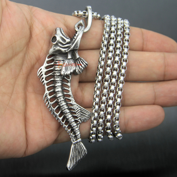 Huge Stainless Steel Fish Bone Skeleton Men's Necklace Pendant With Fishing  Hook