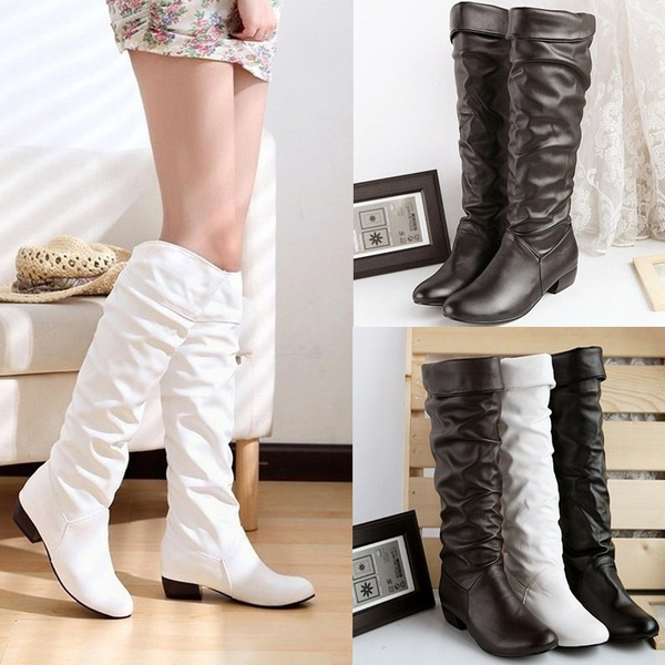 White leather 2024 boots low heel