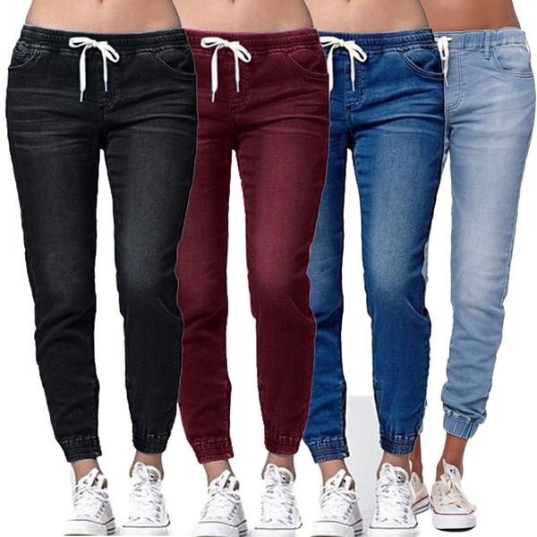 4 Colors Womens Chic Drawstring Skinny Denim Trousers Jeans Jogger ...