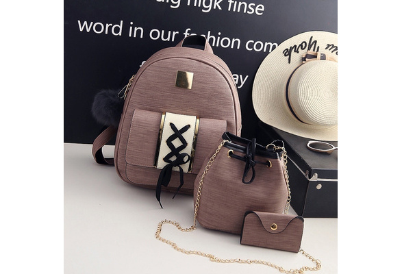 3Pcs/Set Women Backpack Set pu leather female fashion casual backpack  +bucket bag+ket purse school bags for teenagers girls | Wish