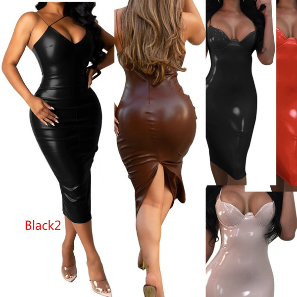 Women's Strap Faux Leather Dress Spaghetti Strap Bodycon Dress Clubwear Sleeveless Party Black Backless Short Dresses 