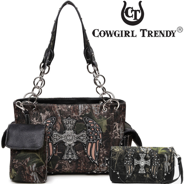 Camouflage Cross Wings Western Style Concealed Carry Purse Country Handbag Women Shoulder Bag Wallet Set 