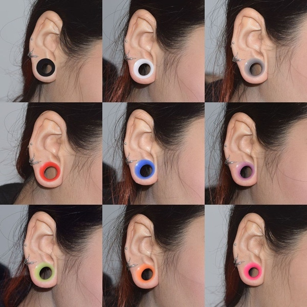 Pair Rainbow Thin Silicone Flexible Ear Skin Tunnels Plugs Gauge Earlets Earskin 