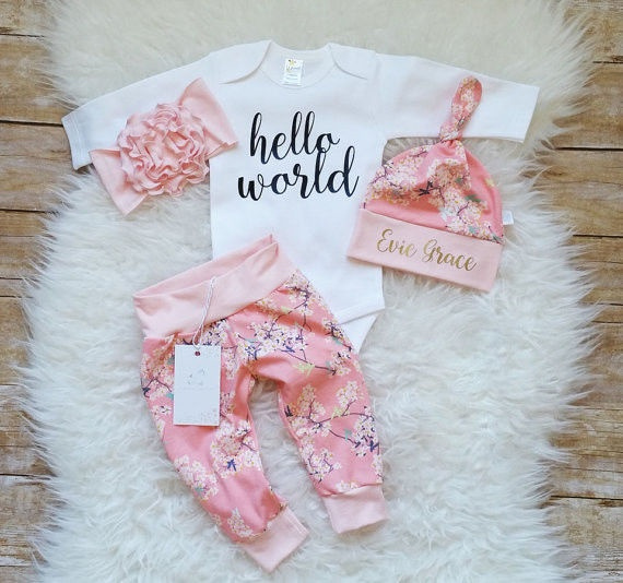 4PCS Newborn Baby Girls Hello World Romper+Pants Hat Outfits Clothes ...