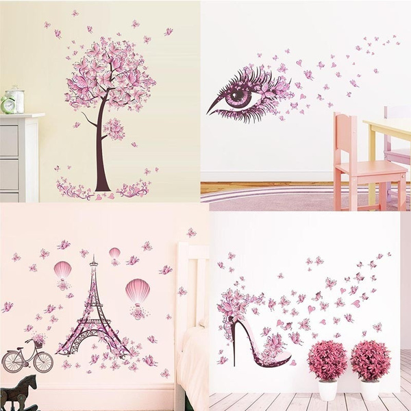 Pink Butterfly Flower Tree Wall Stickers Decals Girls Flower Mural Vinyl Wallpaper Home Decor Wish