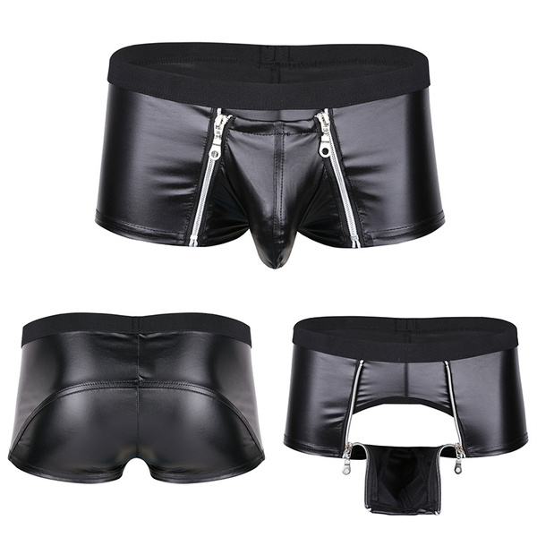 IEFiEL Men Lingerie Faux Leather Zipper Pouch Pouch Boxer Shorts