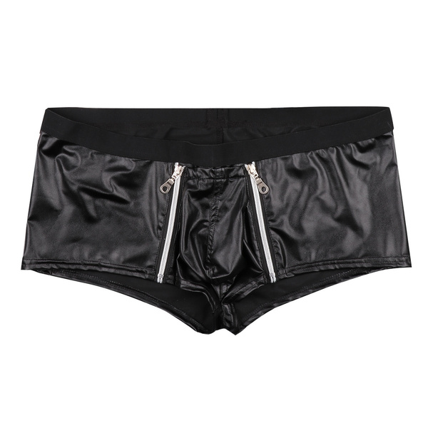 Men's Faux Leather Zipper Pouch Boxer Briefs – Bikini Underwear With Solid Zipper – One Size
