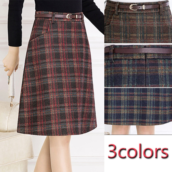 Skirts Womens Autumn Woolen Skirt Casual Slim A-line Plaid Midi Skirts ...