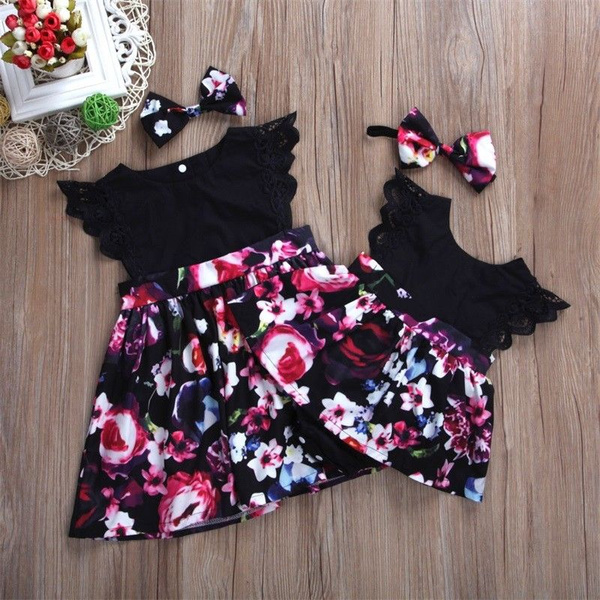 VISGOGO Kids Baby Girls Sister Matching Clothes Floral Romper Dress Headband Outfits Set
