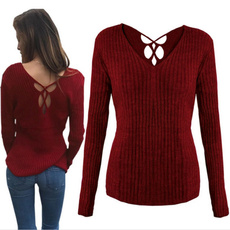sleeve v-neck, knitted, Women Sweater, Slim T-shirt