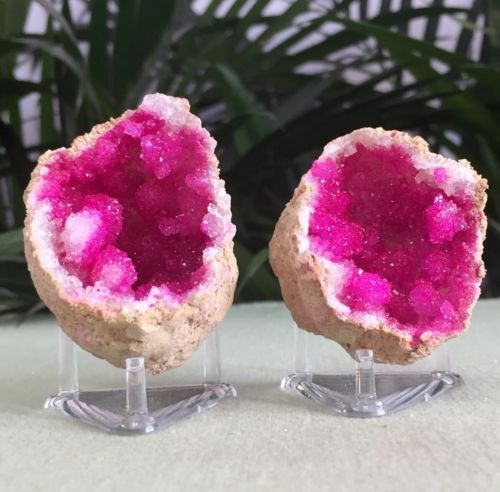 Pink Geode Pair W/Stands Crystal Quartz Gemstone Specimen Dyed Morocco Geode