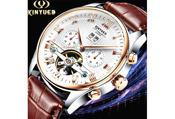 KINYUED Skeleton Tourbillon Mechanical Men Automatic Classic Rose Gold Leather Mechanical Wrist Watches with Gift Box Wish