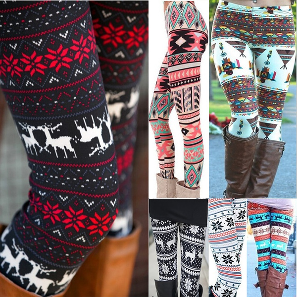 Fashion Women's Xmas Snowflake Reindeer Knitted Pants Warm Leggings