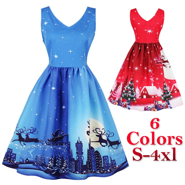 Women Fashion Holiday Christmas Party Dress Sleeveless Big Swing Fit and  Flare Elk Floral Dresses