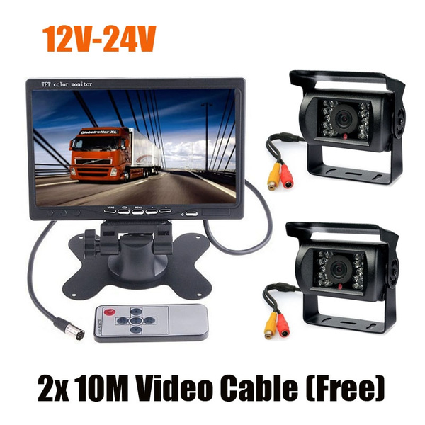 2 x IR Reversing Camera 7" LCD Monitor Car Rear View Kit For Bus Truck 12V/24V 