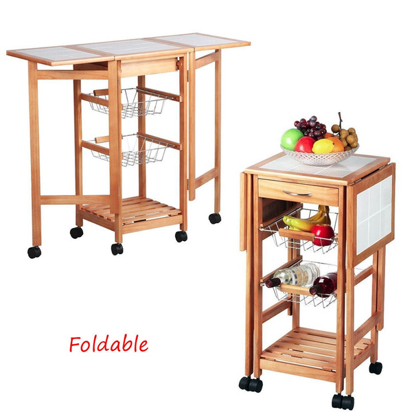 Folding Drop Leaf Kitchen Island Trolley Cart Storage Drawers Baskets Rolling Wish Folding Drop Leaf Kitchen Island, Foldable Kitchen Island