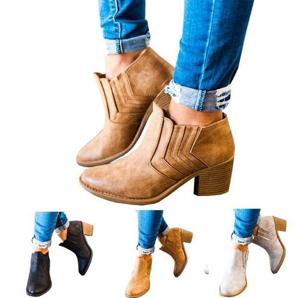 Womens Round Toe Flats Ankle Boots Ladies Low Block Heel Booties Shoes Sizes