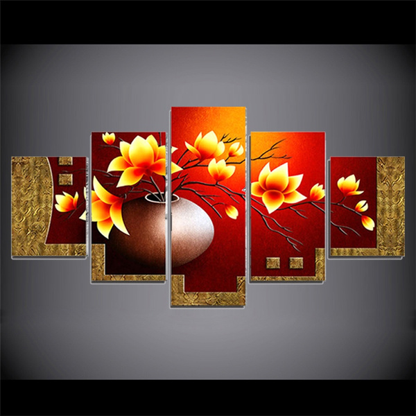 Office Living Room 5 Picture Flower Vase Canvas Unframed Wall Oil Painting Decor 