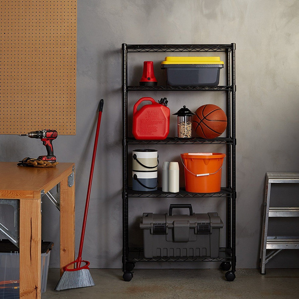 5-Tier Adjustable Wire Metal Shelving Unit With Rolling Casters – 65x36x14 Inches