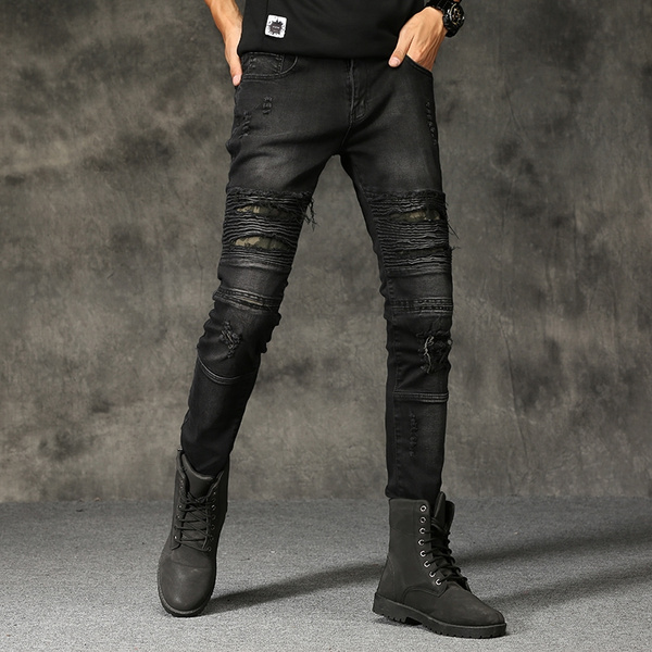 New Black Ripped Jeans Men with Holes Denim Super Skinny Famous Designer Slim Fit Jean Pants Scratched Biker Jeans | Wish